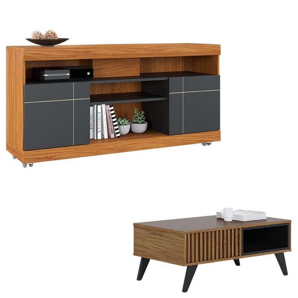 Rack Bancada Yara Com Mesa De Centro Jeri Noce Milano Preto Acetinado - Colibri