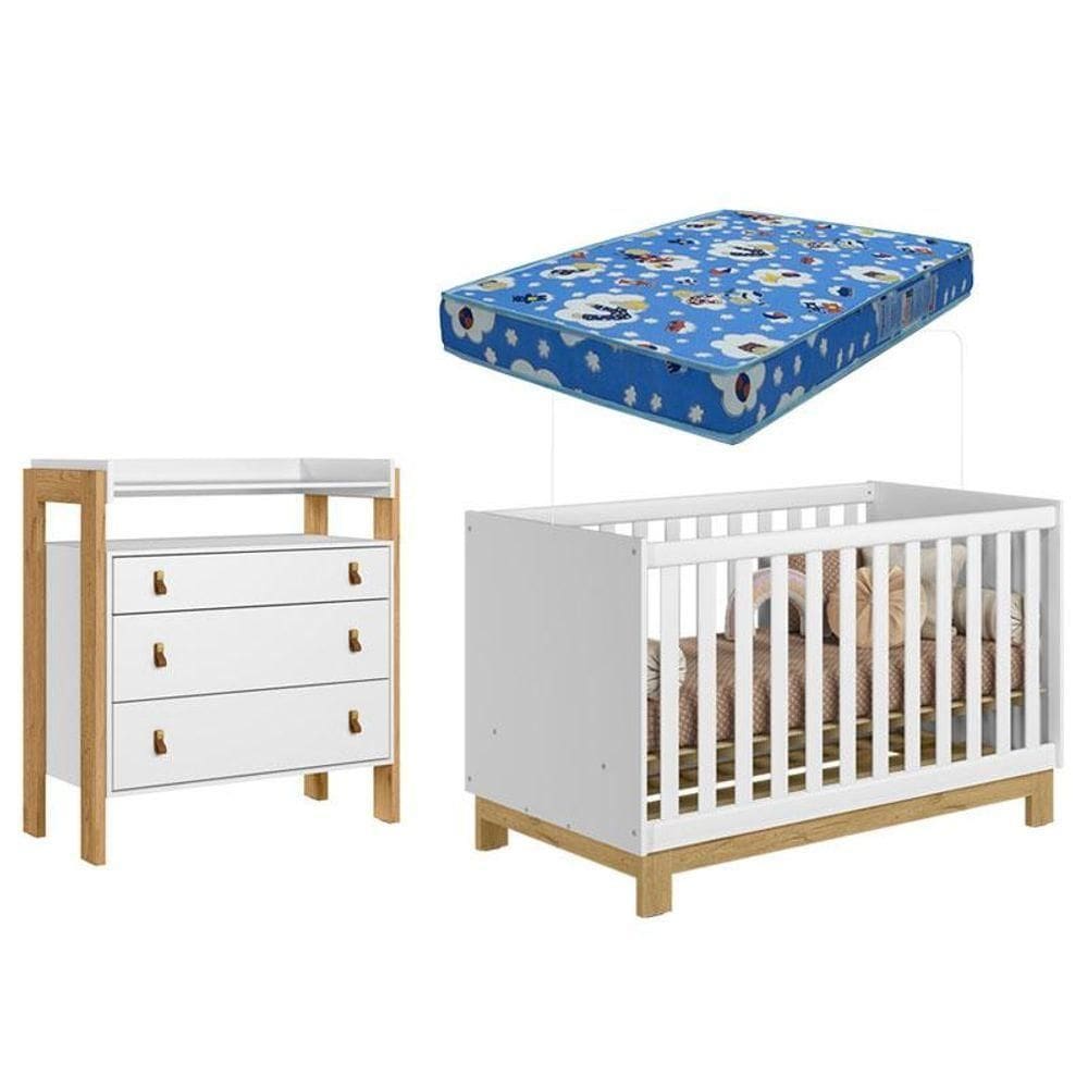 Berço Americano 4315 Slim E Cômoda 4410 Fantasia Branco Acetinado Com Colchão Tend Tudo - Qmovi
