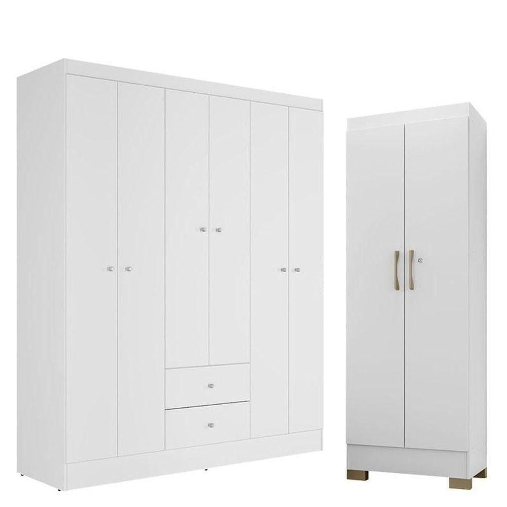 Guarda Roupa Solteiro Versa 6 Portas Branco Rosa Fosco Com Armário Multiuso Luna Branco Fosco - Kits Paraná