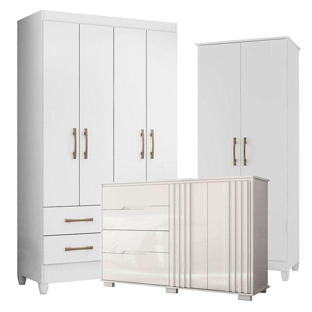 Guarda Roupa Solteiro Chile Com Cômoda Texas E Armário Multiuso Jade Branco Brilho- Moval