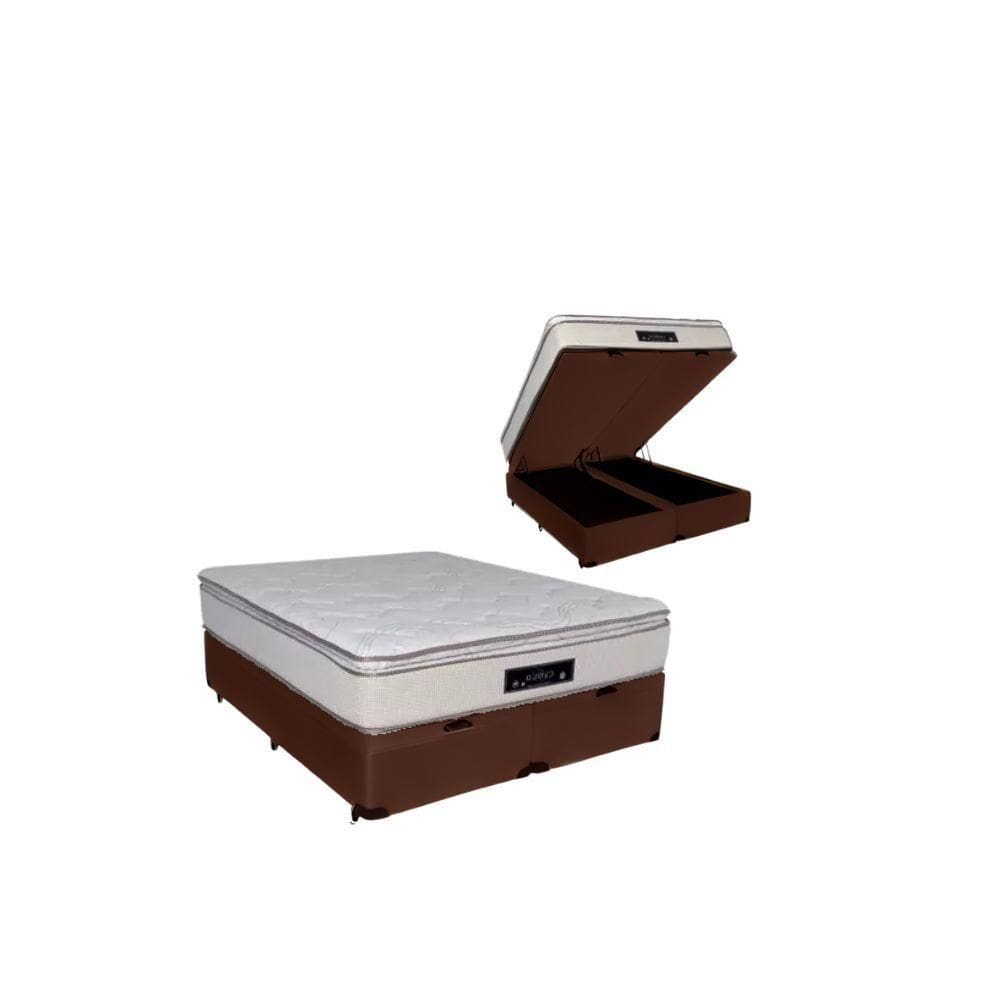 Cama Box Baú Queen Suede + Colchão Cloud Pillow Top Molas Ensacadas Luckspuma 158x198x74 Cor:marrom