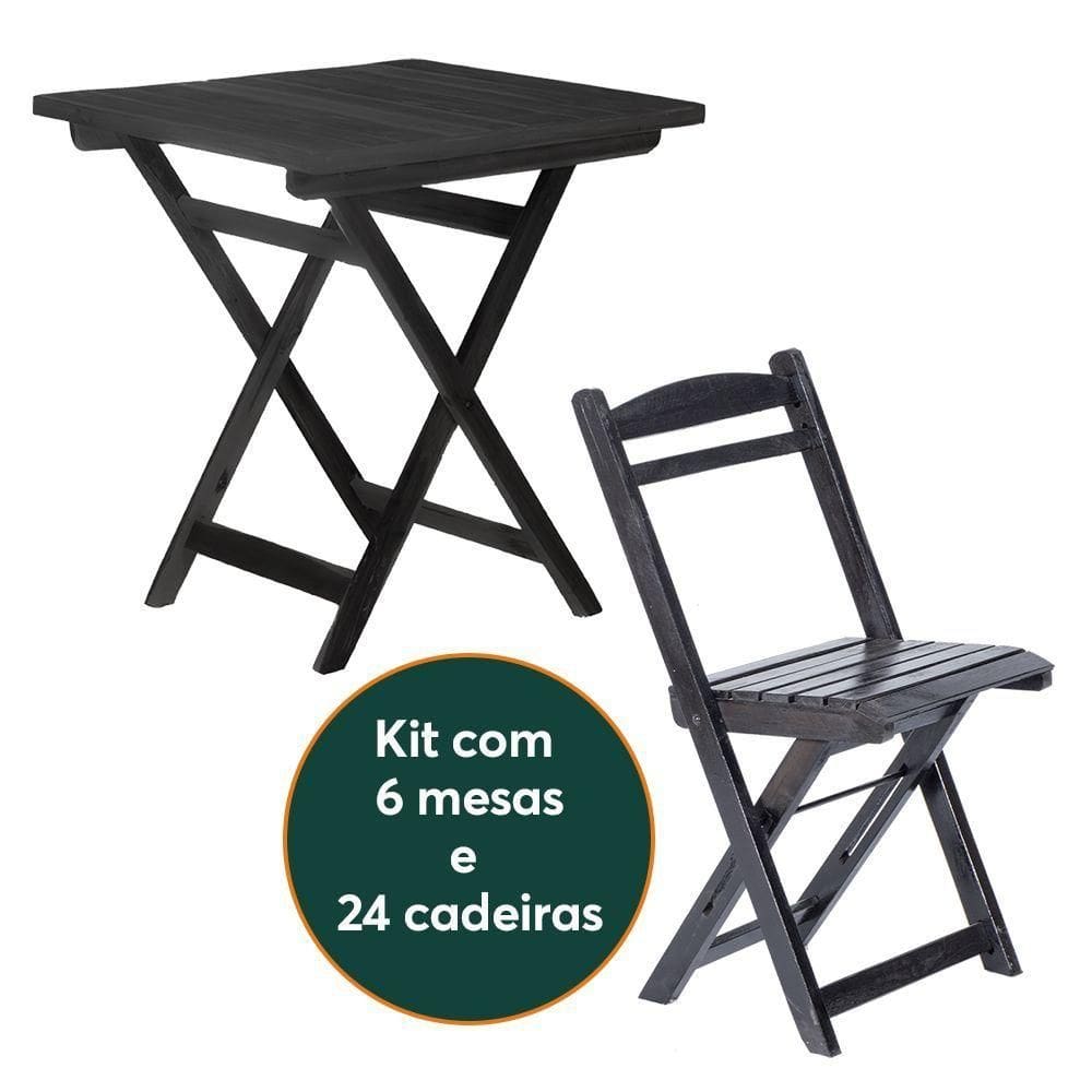 Kit 6 Mesas Dobráveis Com 24 Cadeiras 100% Madeira Maciça Ypê Preto