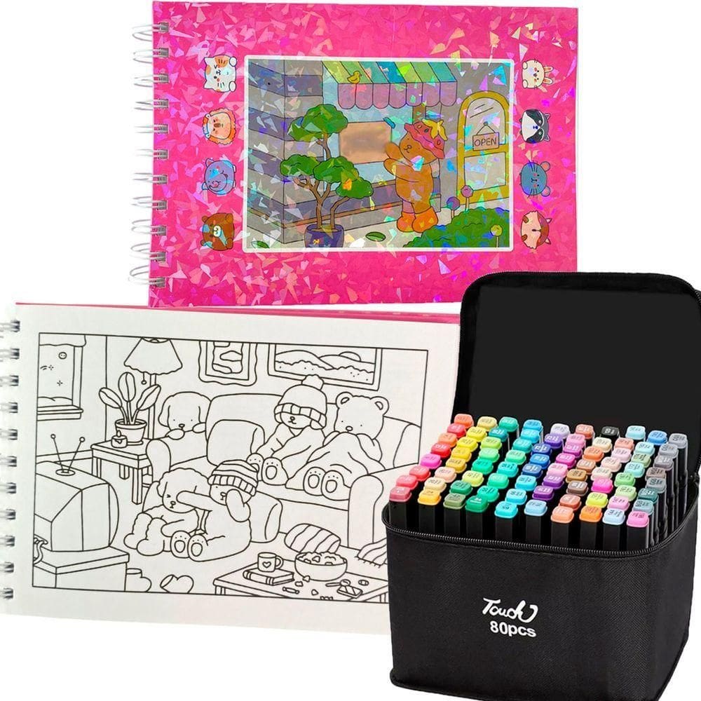 Livro De Pintar Color Com Canetinhas 80 Cores 100 Paginas Capa Dura Estojo Caneta Permanente Ponta Dupla