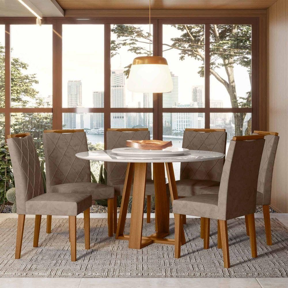 Conjunto Sala De Jantar Mesa Vitoria 1,35 Com Tampo Giratório E 6 Cadeiras Sarah Ype/off White/lux - New Ceval