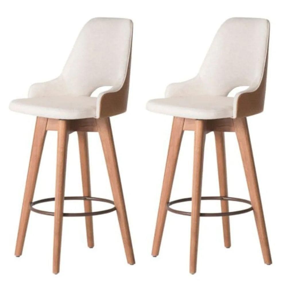 Kit 02 Banquetas Alta Giratória Com Encosto Lary Para Cozinha Composê Sintético Nozes E Linho Bege - Aurora Line