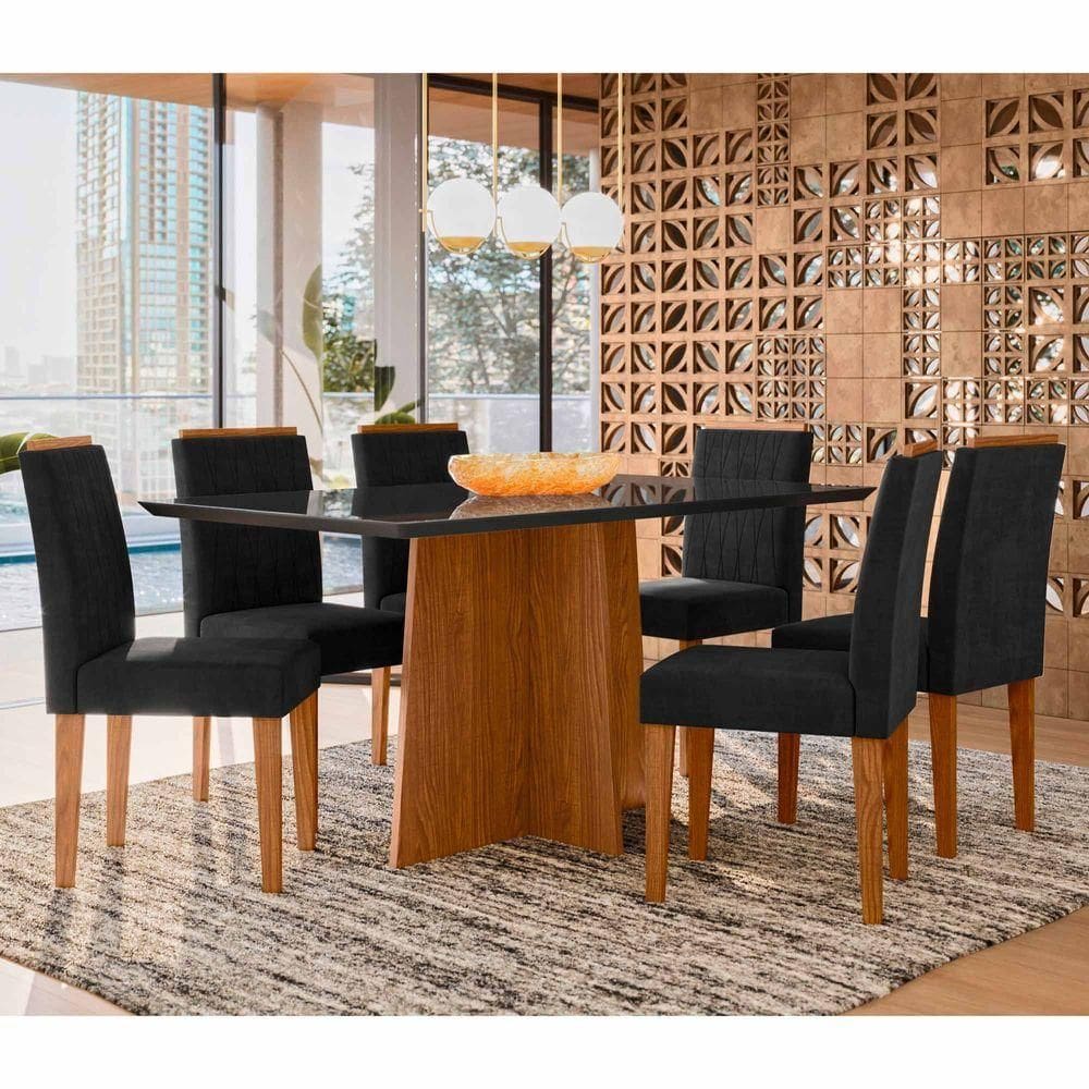 Conjunto Sala De Jantar Mesa Anitta 1,60m Com 6 Cadeiras Ana Ypê/preto/ja03 - New Ceval
