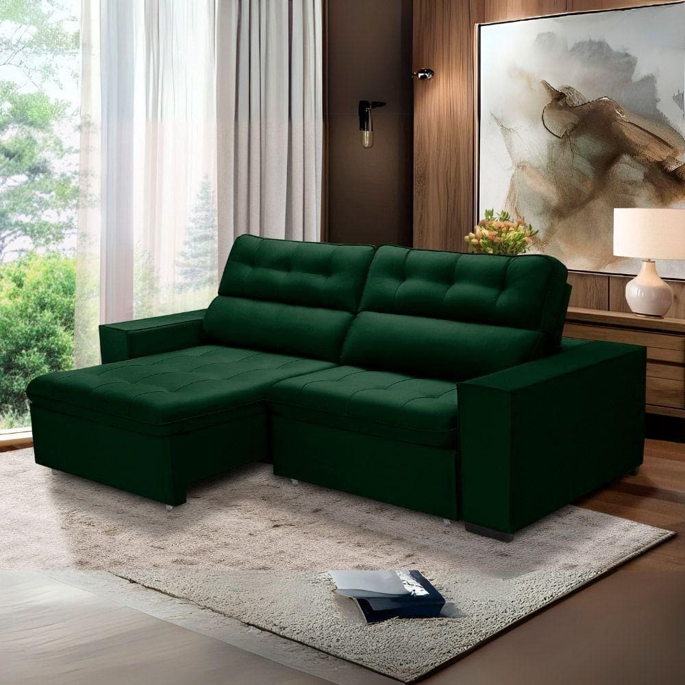 Sofa Retratil Reclinavel 2 Lugares 2,60 Vitória Veludo Verde Lansofbr