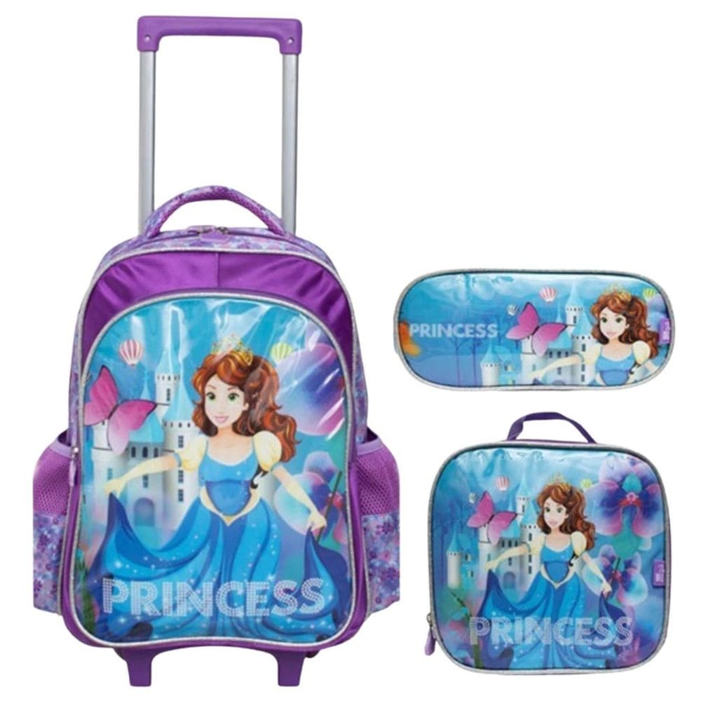 Kit Escolar Princesa Mochila Roxa c/Rodinhas Alça de Mão e Costas + Lancheira + Estojo - Princess - Yins Kids