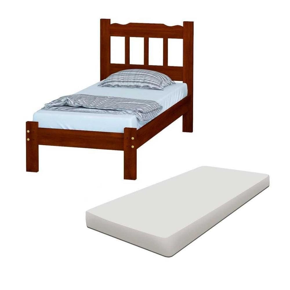 Cama Com Colchão Solteiro Castanho Madeira Maciça Perola