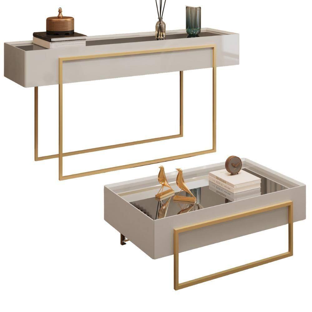 Aparador E Mesa Centro Kika Pes Metal Bali Dourado Dj Moveis