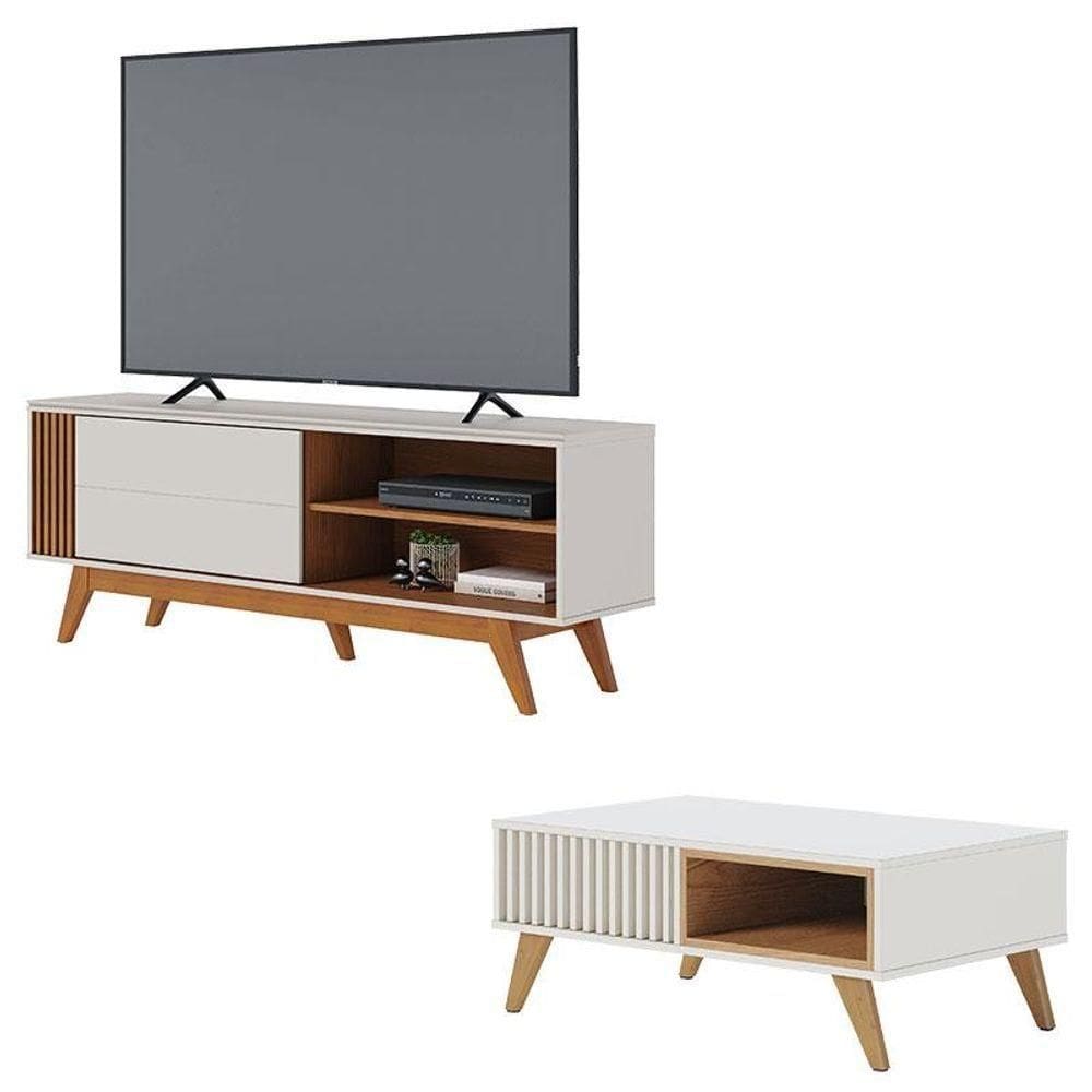 Rack Bancada Otawa Com Mesa De Centro Jeri Off White Freijó - Colibri