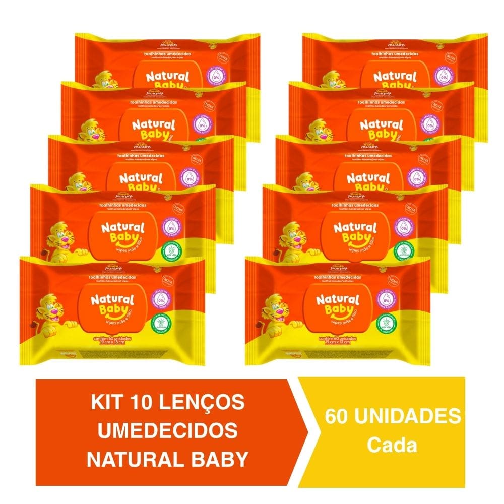Kit c/10 Lenços Umedecidos Natural Baby 60un Cada Evergreen