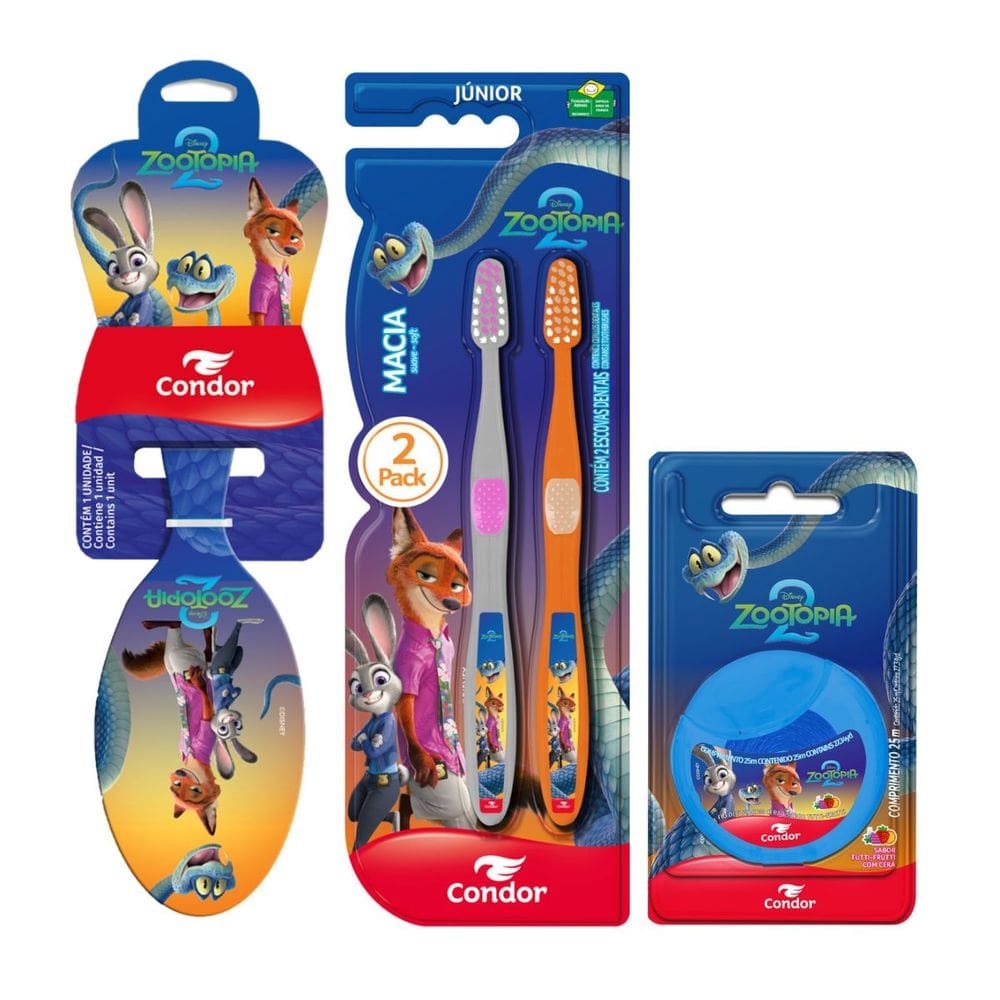 Kit Escova para Cabelo Oval + Escova Dental Infantil Macia 2 Unid + Fio Dental com Cera Tutti-Frutti