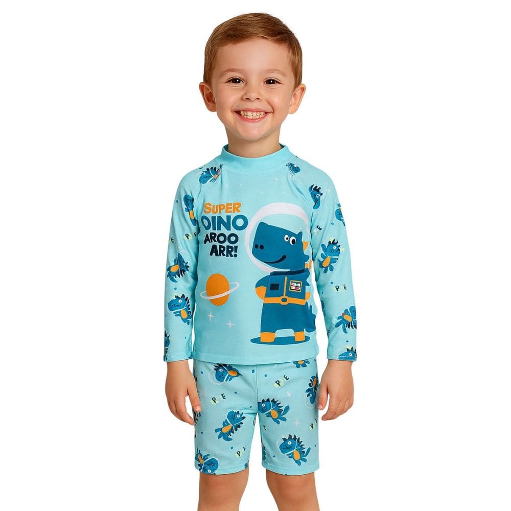 Kit Praia Infantil Dino Astronauta Azul Menino Manga Long UV