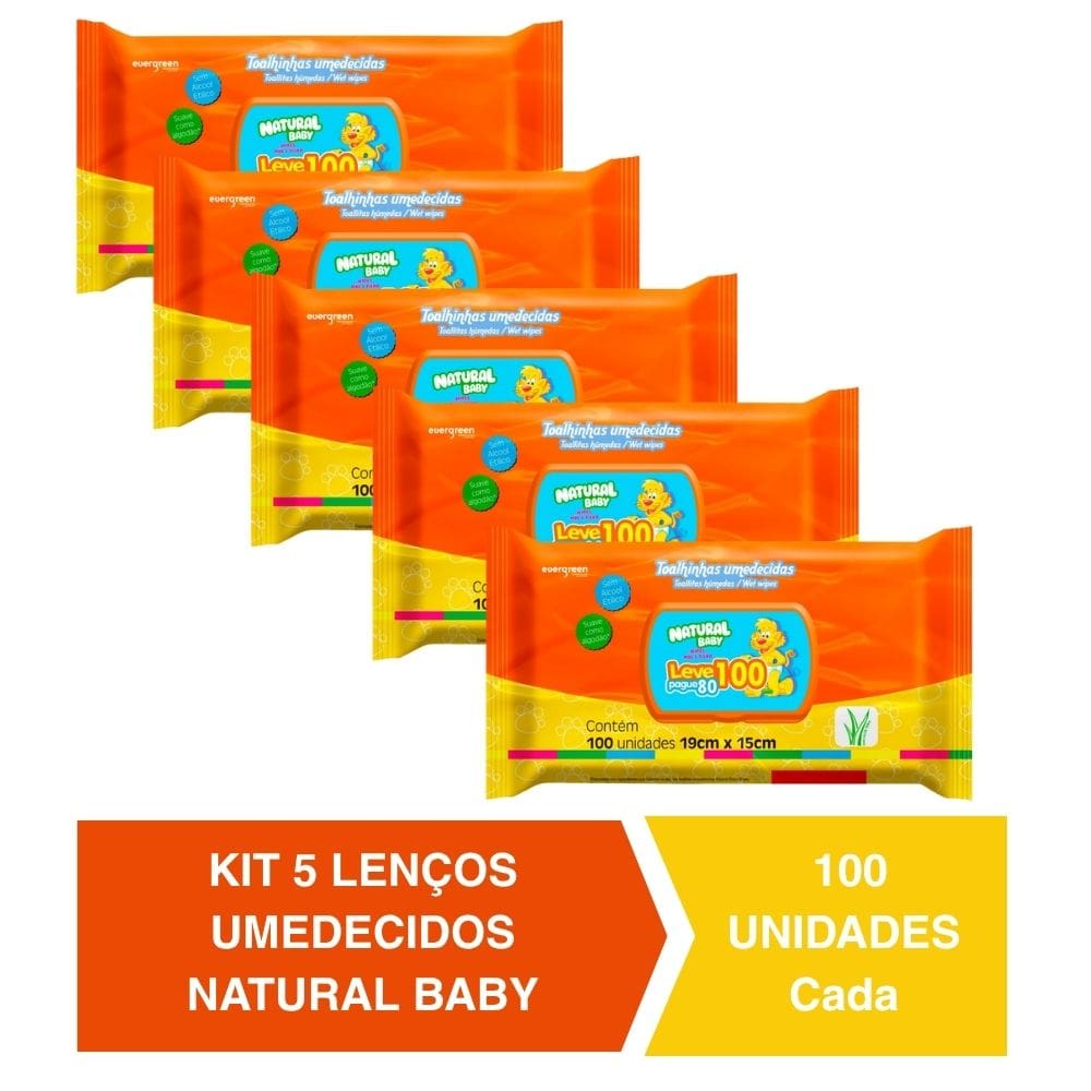 Kit C/ 5 Lenços Umedecidos Natural Baby 100un Cada Evergreen