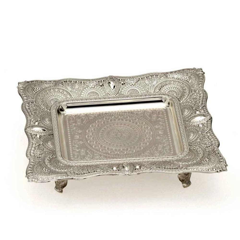 Centro de Mesa Decorativo em Metal Prata / Cromado Retangular 20x18cm 16082-PL
