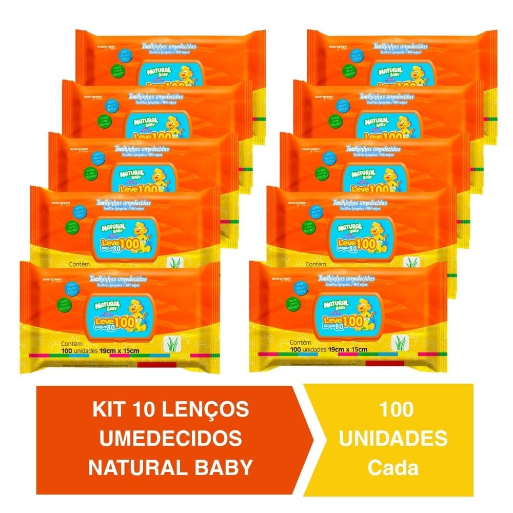 Kit C/10 Lenços Umedecidos Natural Baby 100un Cada Evergreen