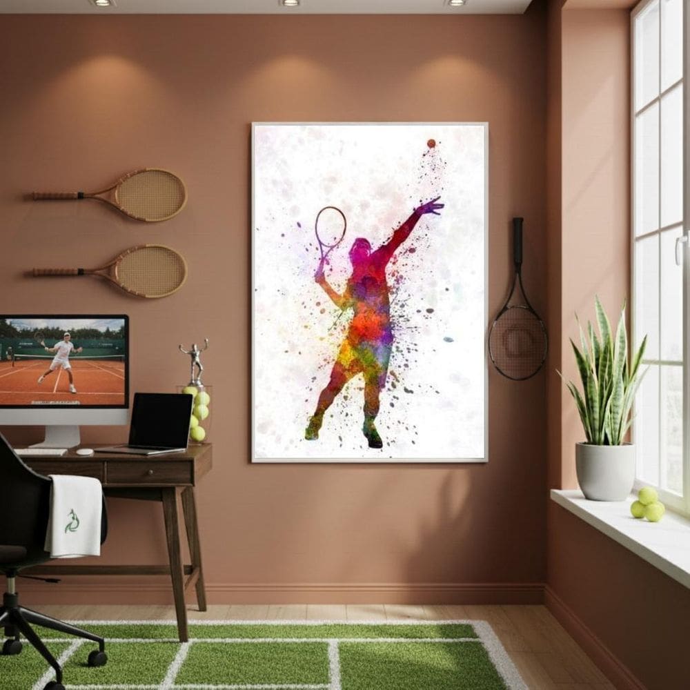 Quadro Decorativo Moço Jogando Tênis-70X50Cm Mold Preta