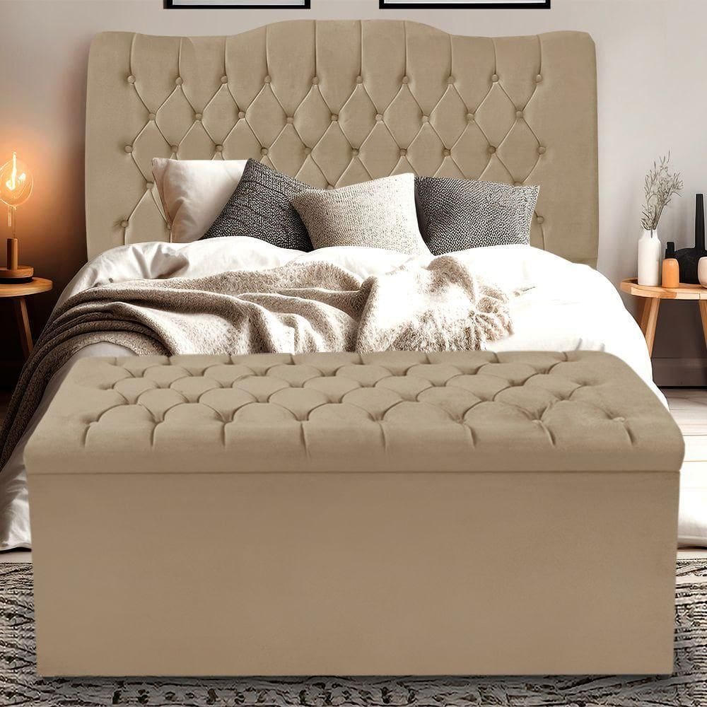 Kit Cabeceira E Calçadeira Baú Dunas Casal 140 Cm - Veludo Bege Escuro