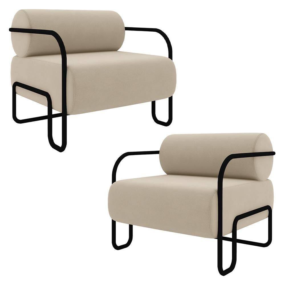 Poltrona Decorativa Para Sala Industrial Kit 2 Kira Z08 Veludo Bege - Mpozenato