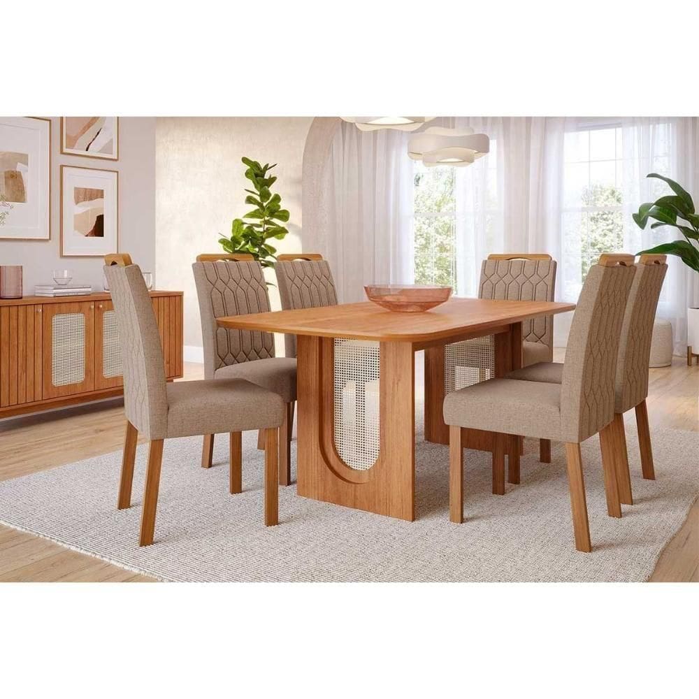 Conjunto: Mesa De Cozinha Valentina Tampo Madeirado 180x90cm E 6 Cadeiras Paola Cinamomo - Carvalho-linho Bege - Cimol