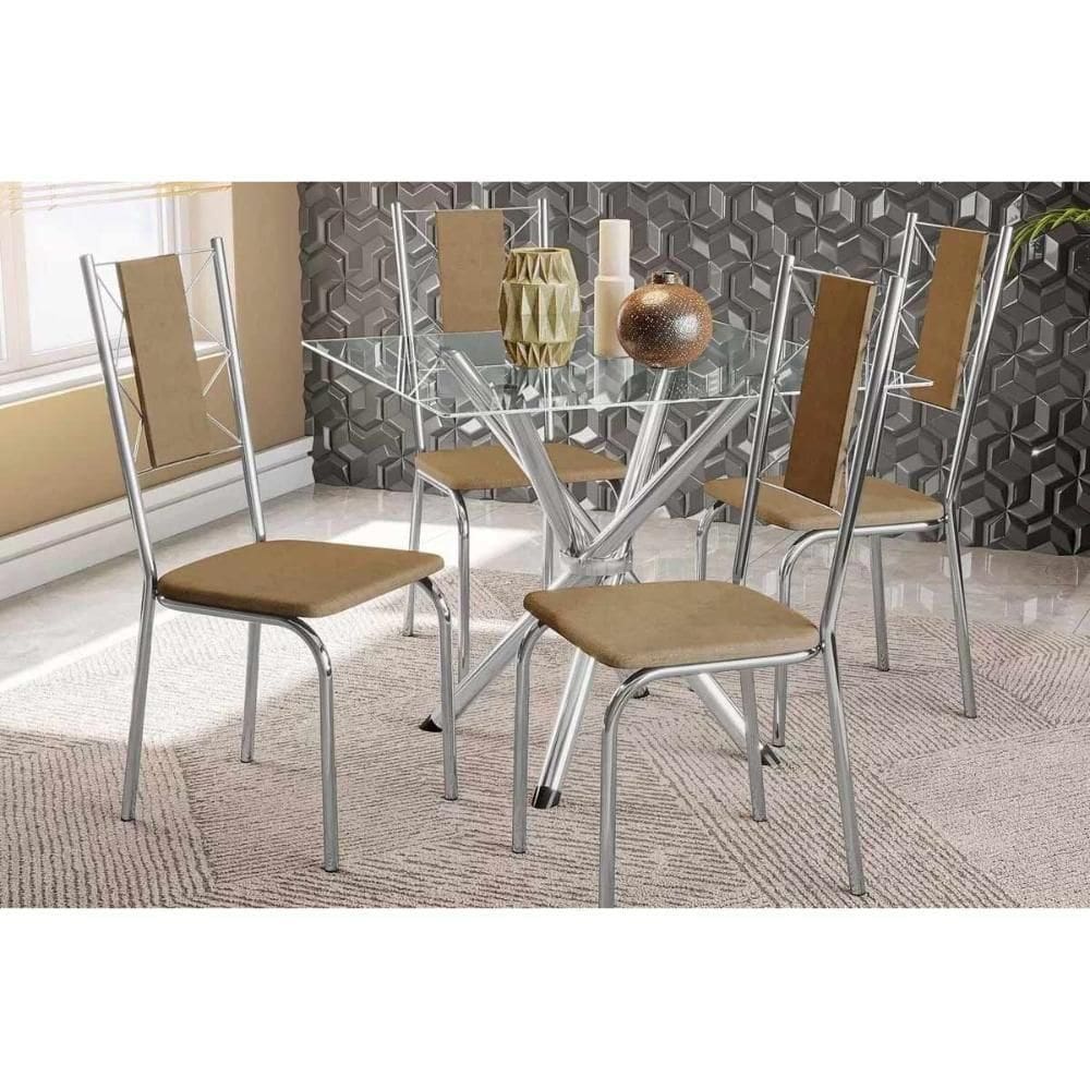 Conjunto: Mesa De Cozinha Volga C- Tampo De Vidro 90cm E 4 Cadeiras Lisboa Cromada - Capuccino - Kappesberg