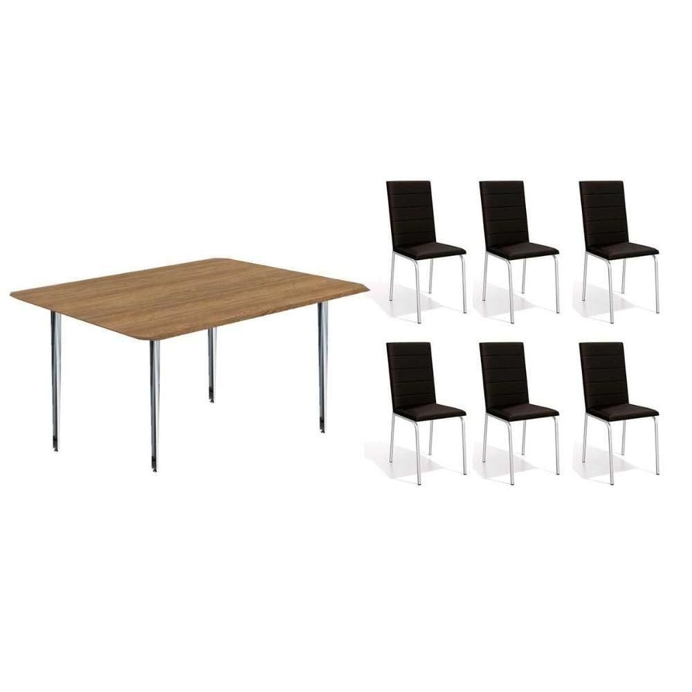Conjunto: Mesa De Cozinha Iguaçu C- Tampo De Madeira + 6 Cadeiras Amsterdã Cromada - Corano Preto - Kappesberg
