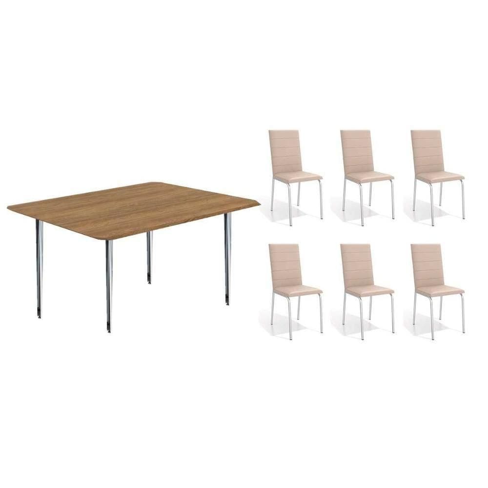 Conjunto: Mesa De Cozinha Iguaçu C- Tampo De Madeira + 6 Cadeiras Amsterdã Cromada-nude 16 - Kappesberg