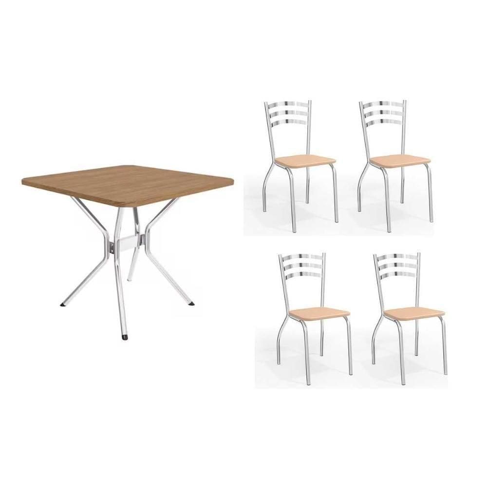 Conjunto: Mesa De Cozinha Loire C- Tampo De Madeira 90cm + 4 Cadeiras Portugal Cromada-nude 16 - Kappesberg