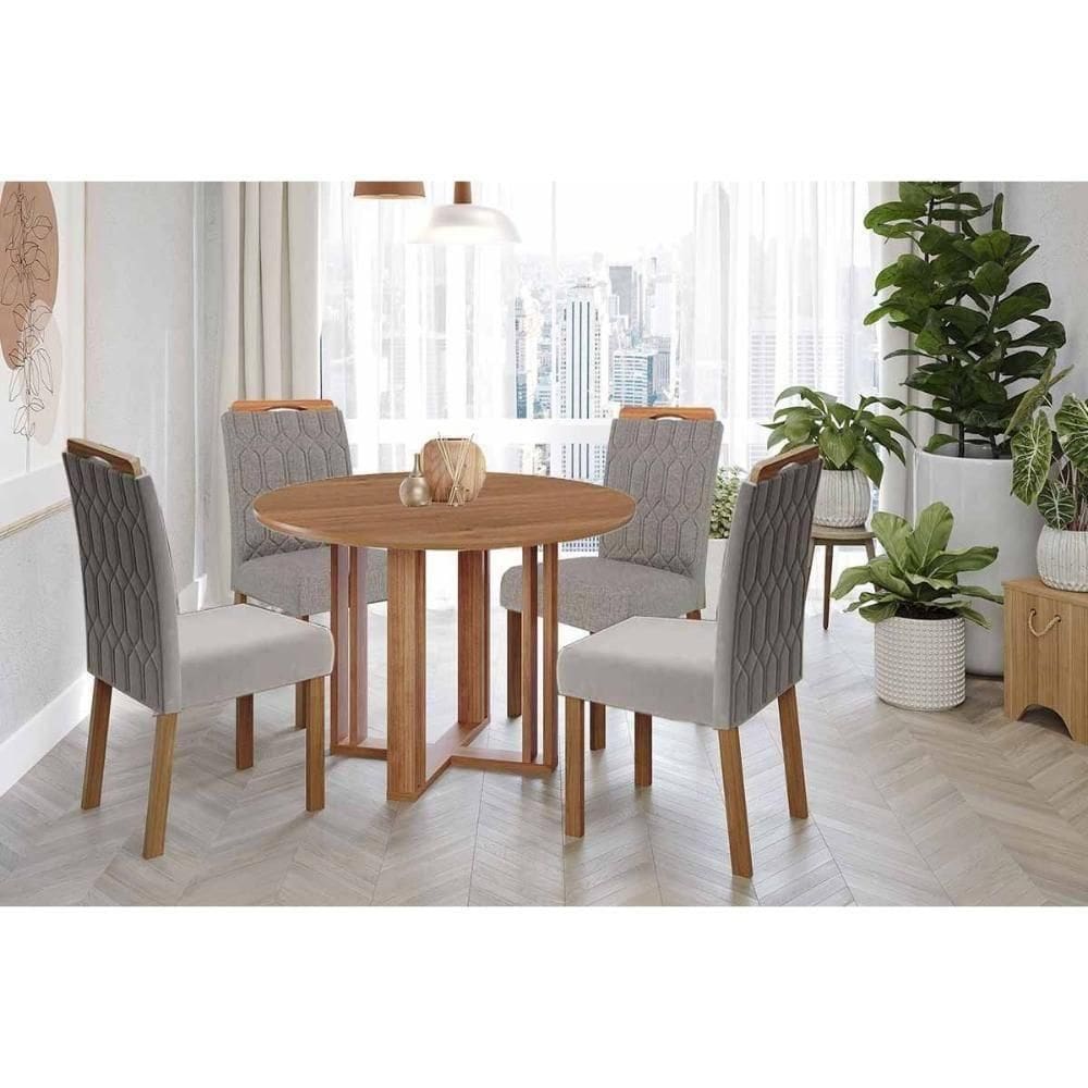 Conjunto: Mesa De Cozinha Flora Tampo Madeirado 109cm E 4 Cadeiras Paola Cinamomo - Carvalho-linho Grafite - Cimol