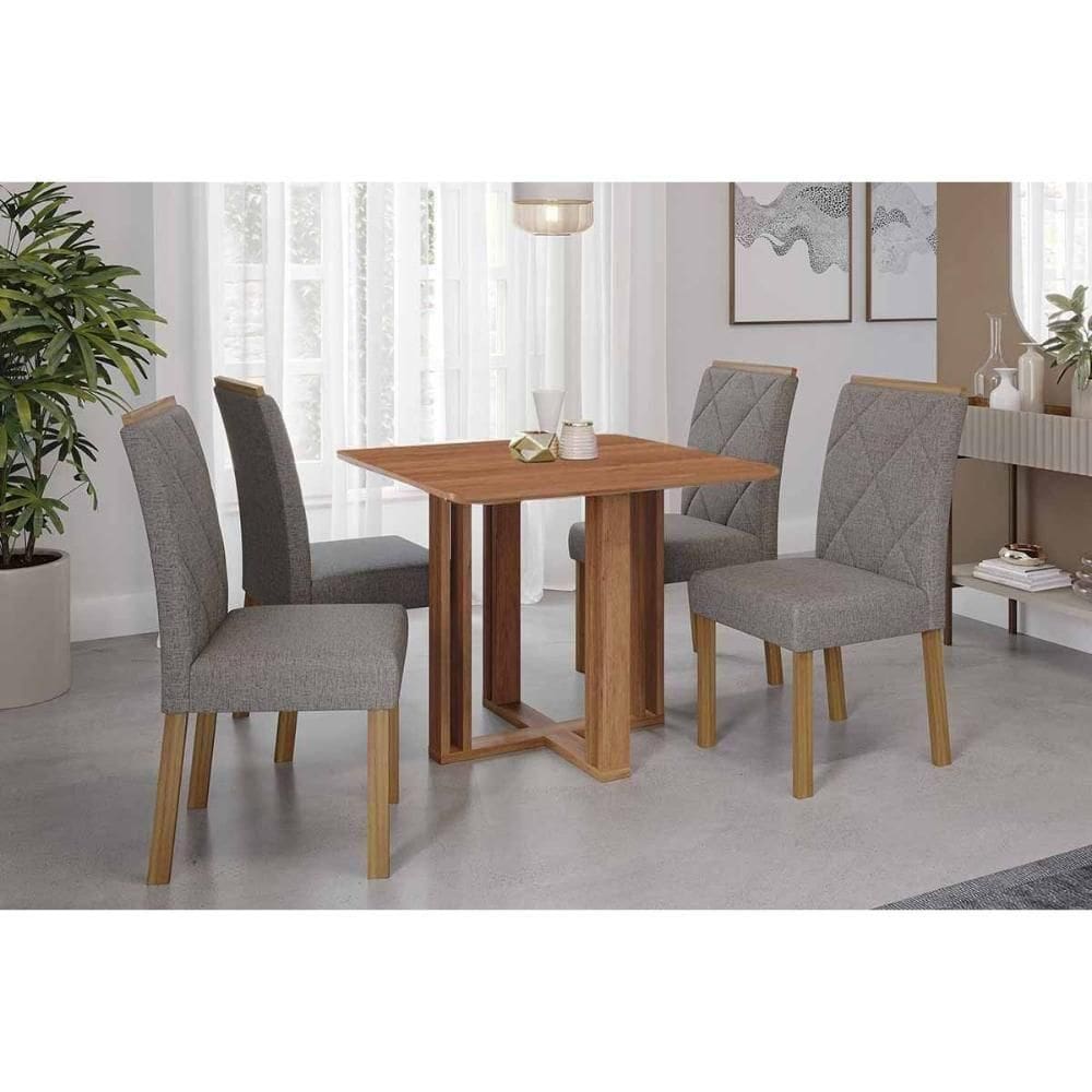 Conjunto: Mesa De Cozinha Flora Tampo Madeirado 95x95cm E 4 Cadeiras Fernanda Cinamomo - Carvalho-linho Grafite - Cimol