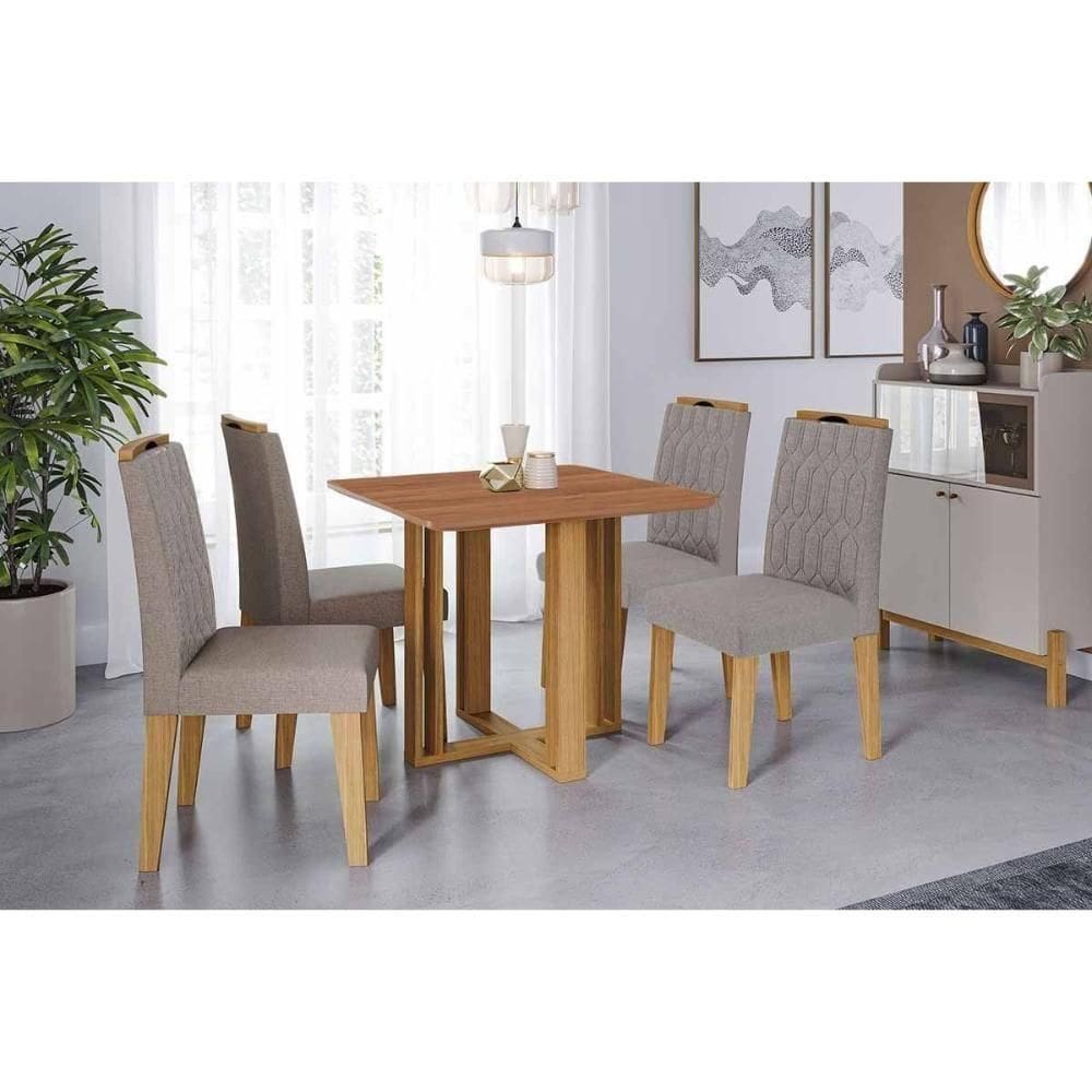 Conjunto: Mesa De Cozinha Flora Tampo Madeirado 95x95cm E 4 Cadeiras Paola Cinamomo - Carvalho-linho Grafite - Cimol