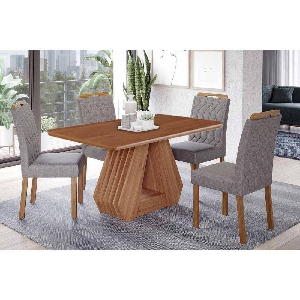 Conjunto: Mesa De Cozinha ágata Tampo Madeirado 130x80cm E 4 Cadeiras Paola Cinamomo - Carvalho-linho Grafite - Cimol