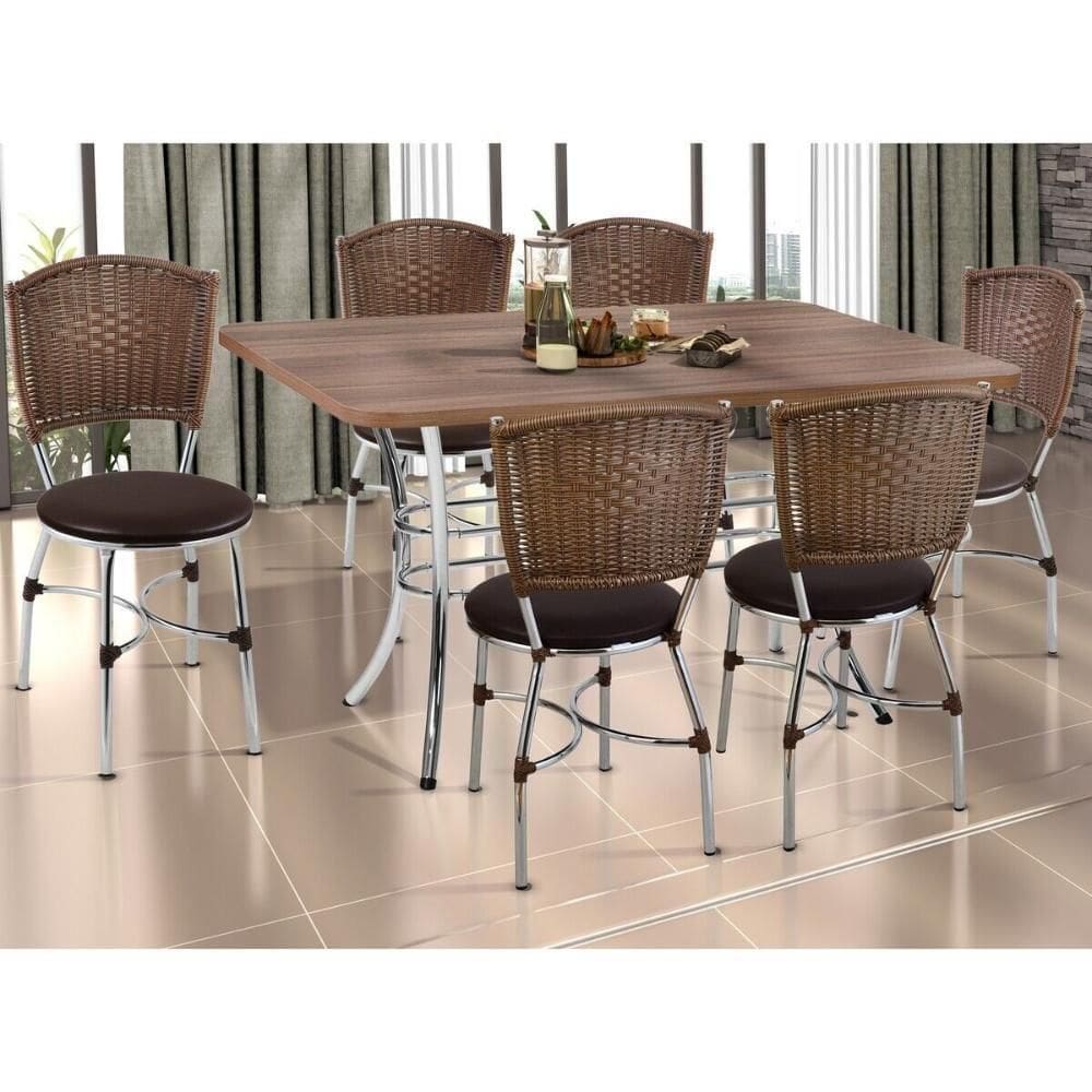 Conjunto Mesa De Jantar 137cm Com 6 Cadeiras Multimóveis Cr50140 Nogueira Marrom