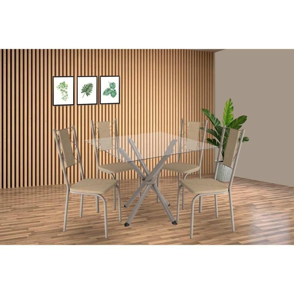 Sala De Jantar Completa Volga C/ Tampo De Vidro 90cm E 4 Cadeiras Lisboa Niquel - Courano Bege - Kappesberg