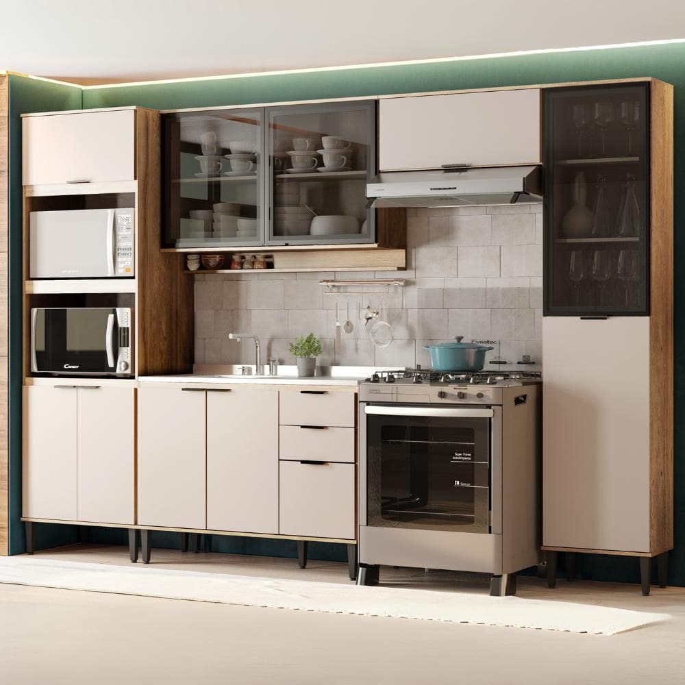 Armário de Cozinha Completa Miami Cool Carraro Freijó com Off White