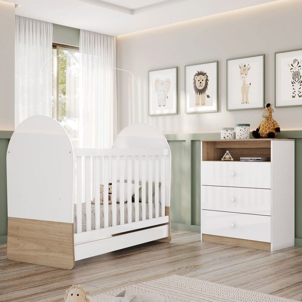 Quarto de Bebê Completo Magia 3 Gavetas Branco/Jequitibá  - Henn