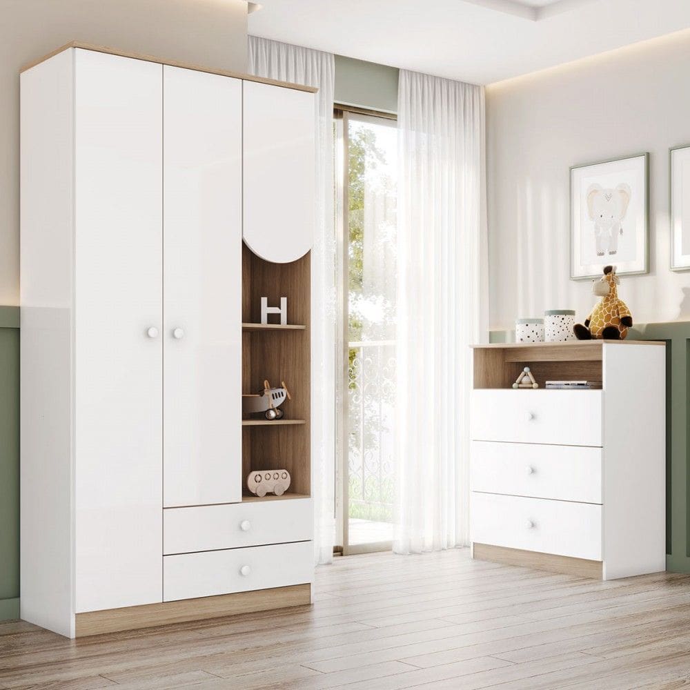 Quarto de Bebê Completo Magia 3 Portas 5 Gavetas Branco/Jequitibá - Henn