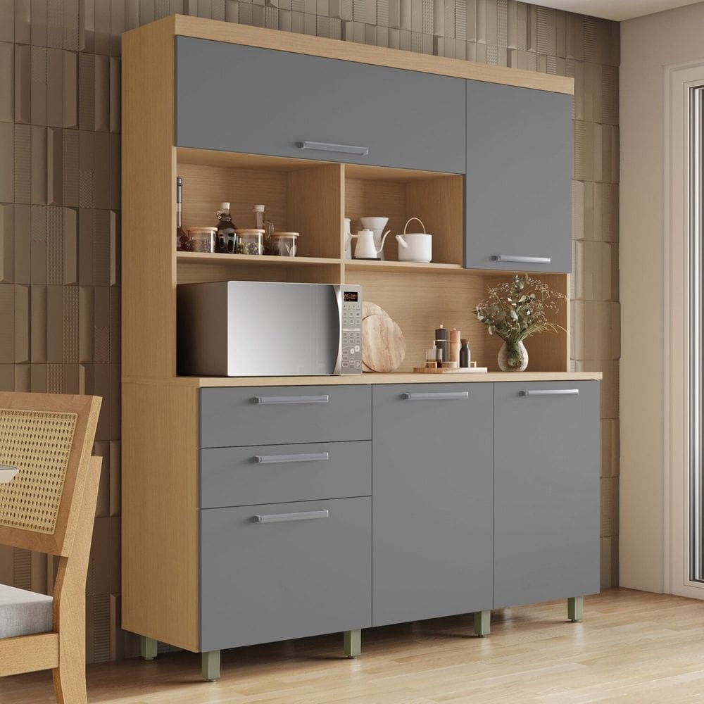 Armário de Cozinha 5 Portas 2 Gavetas 160cm 100% Mdf Nobreza Carvalho/Titânio