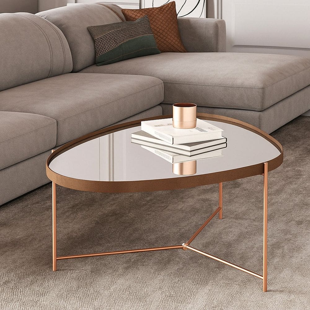 Mesa de Centro com Borda em Couro Sintético Espelho e Pés em Ferro Alamanda Castanho/bronze