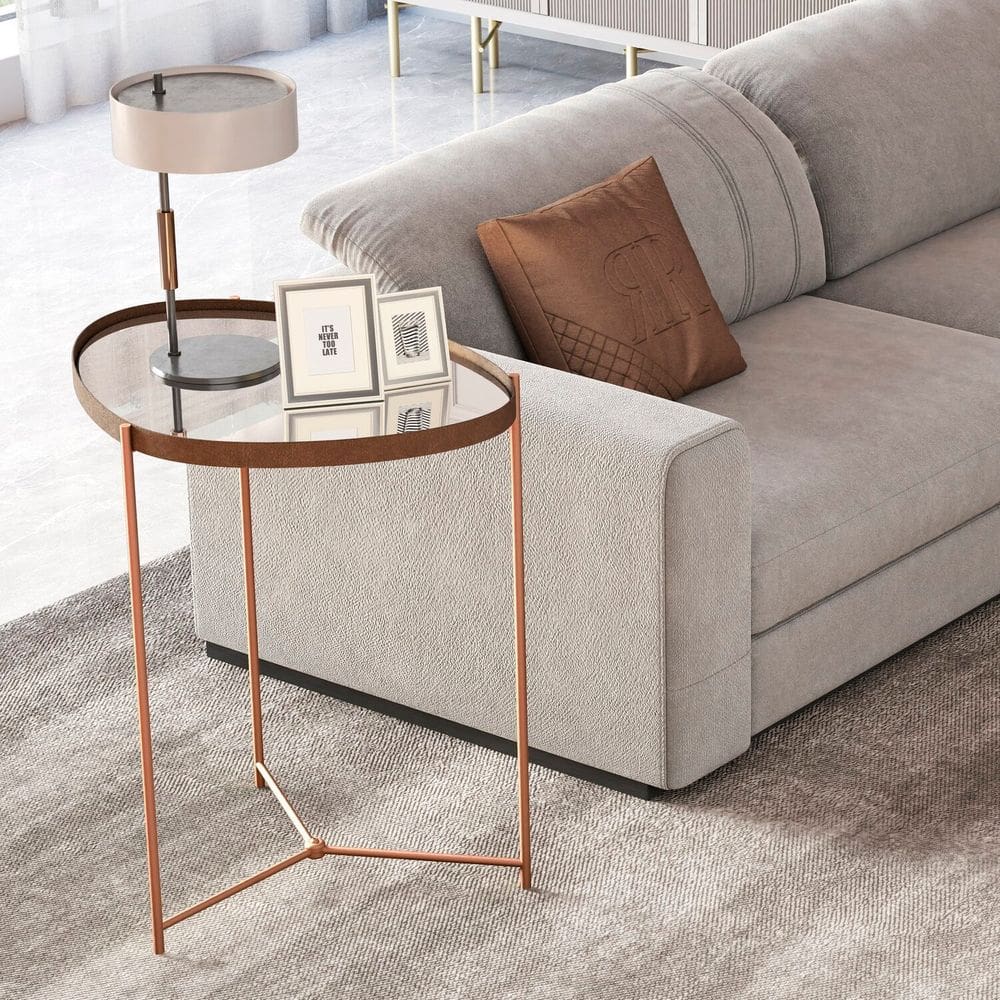 Mesa Lateral com Borda em Couro Sintético com Espelho e Pés em Ferro Castanho/bronze