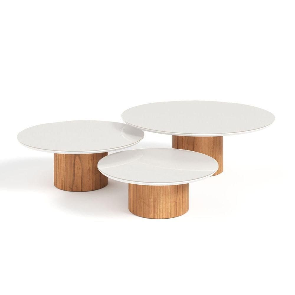 Conjunto Mesa De Centro Ava Em Madeira Off White Vidro