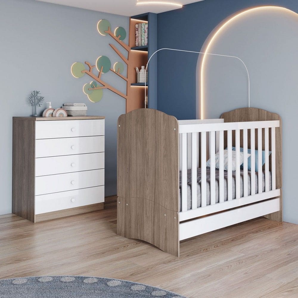 Quarto de Bebê Completo Bala de Menta 5 Gavetas Rústico/Branco - Henn