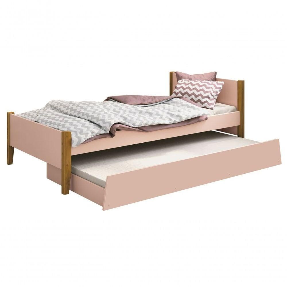 Cama Babá Solteiro Com Auxiliar Simba Rosa Fosco Com Madeira - Moveisaqui