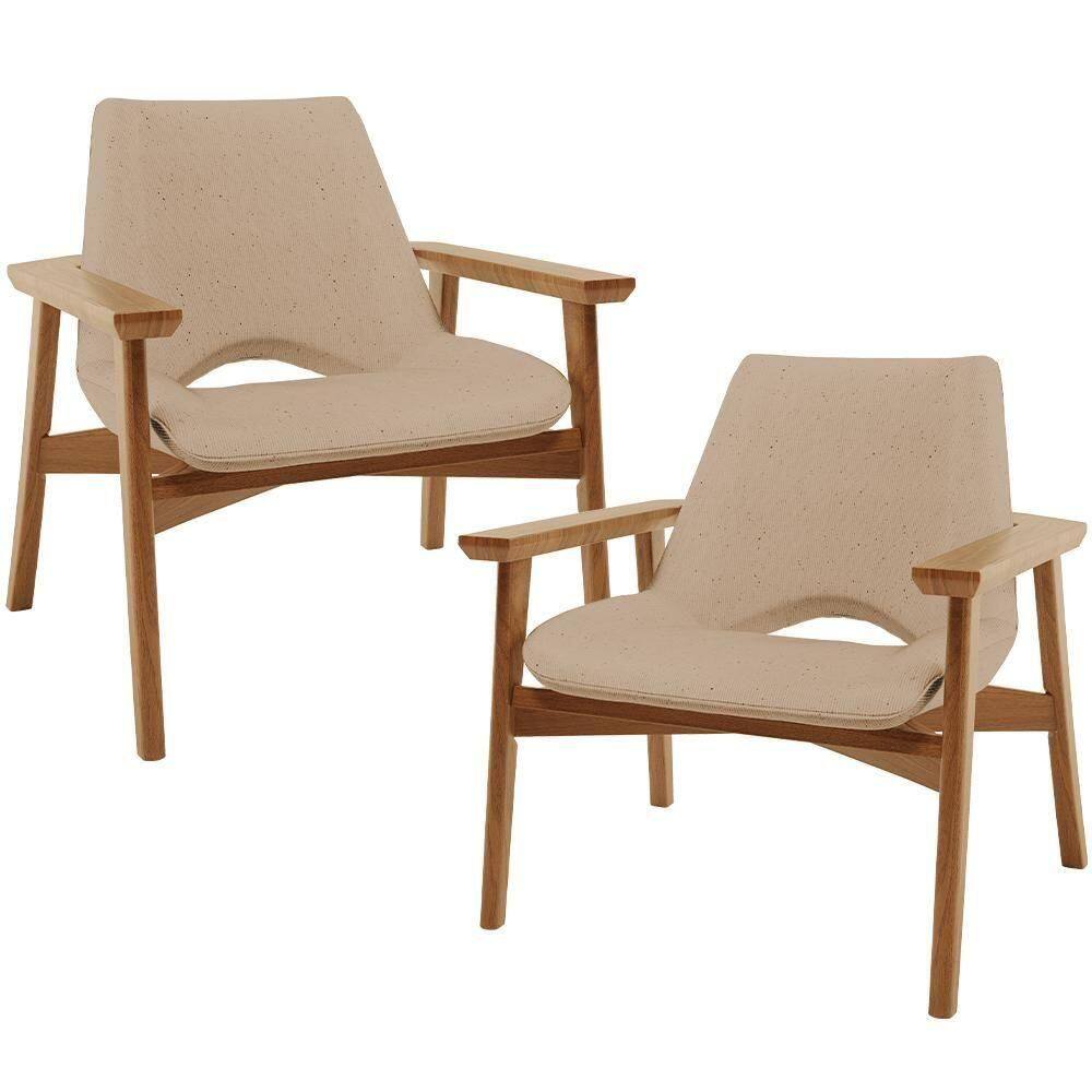 Kit 02 Poltronas Decorativa Living Base Madeira Becker L02 Linho Bege Escuro