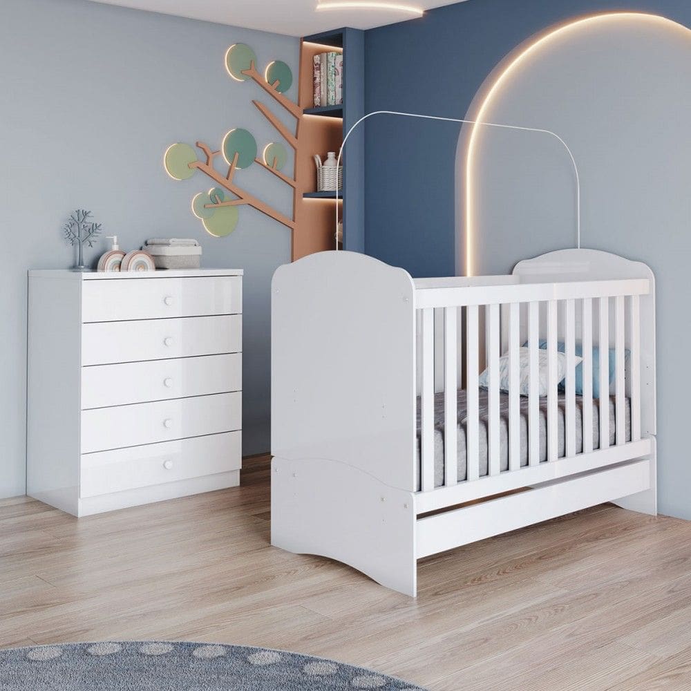 Quarto de Bebê Completo Bala de Menta 5 Gavetas Branco - Henn