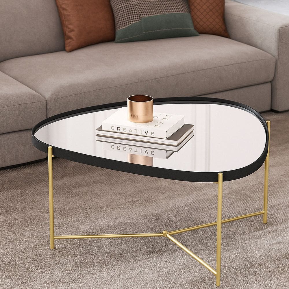 Mesa de Centro com Borda em Couro Sintético Espelho e Pés em Ferro Alamanda Preto/Dourado