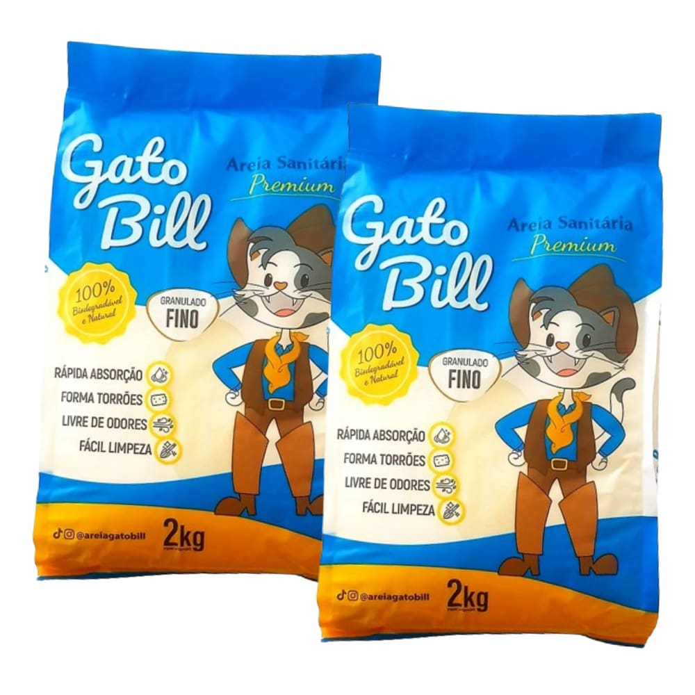 Kit 2 Areias Higiênica Para Gatos - Gato Bill Premium Milho E Mandioca - 4kg - Fina