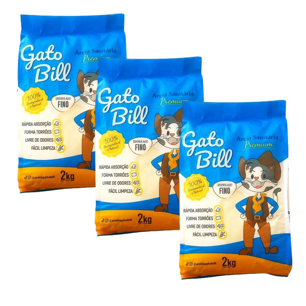 Kit 3 Areias Higiênica Para Gatos - Gato Bill Premium Milho E Mandioca - 6kg - Fina
