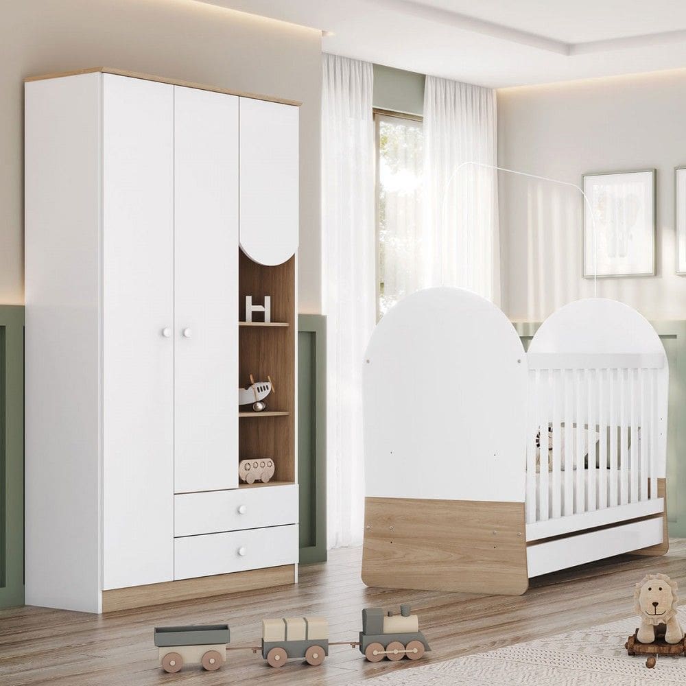 Quarto de Bebê Completo Magia 3 Portas 2 Gavetas Branco/Jequitibá - Henn